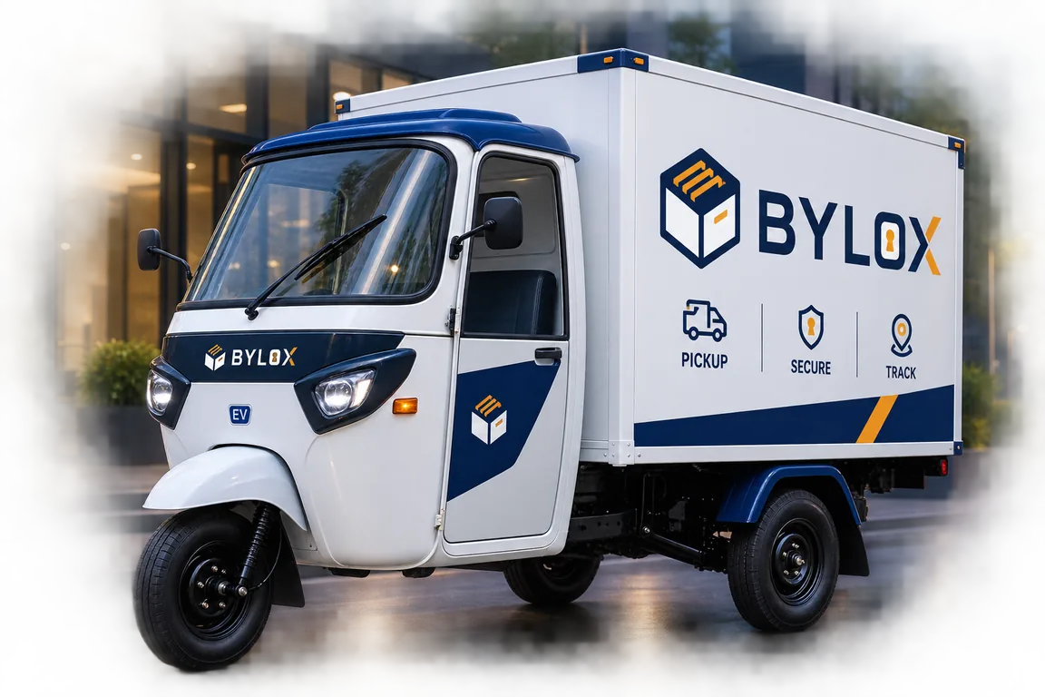A white BYLOX-branded electric cargo three-wheeler with navy and gold livery, parked on a city street, its box body carrying the BYLOX logo.