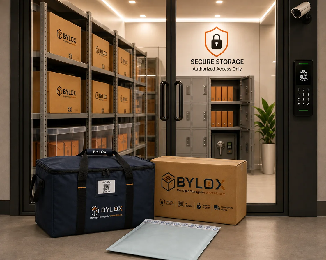 A BYLOX storage bag with its QR label, a BYLOX-branded box, and a sealed document envelope, in front of a managed-storage room with labelled boxes on racks, locked lockers, a CCTV camera and a biometric access panel beside the door