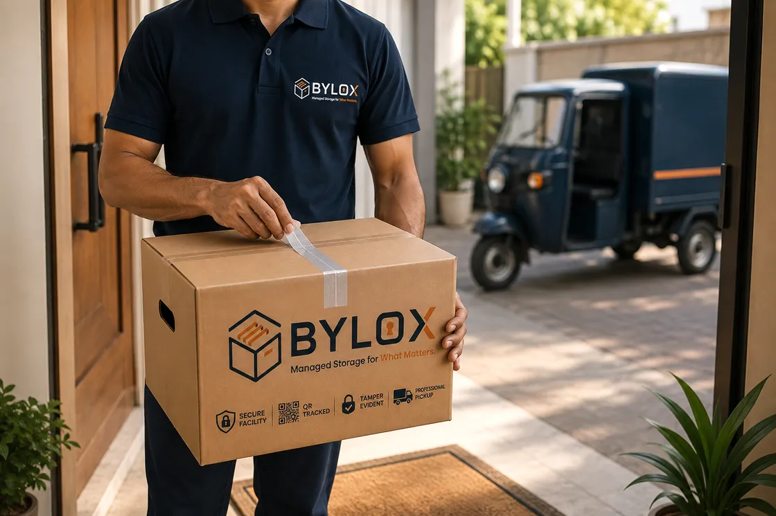 A Bylox agent sealing a storage box at a customer's door