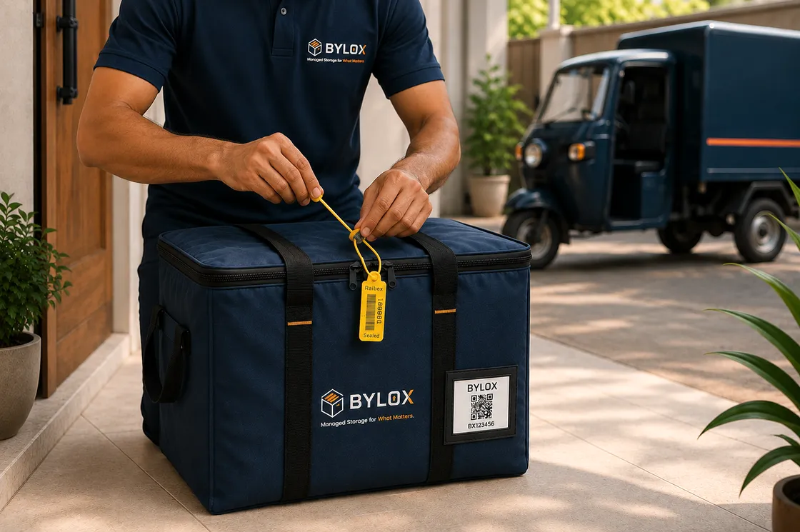 A Bylox agent sealing a storage bag with a numbered security tag at a customer's door